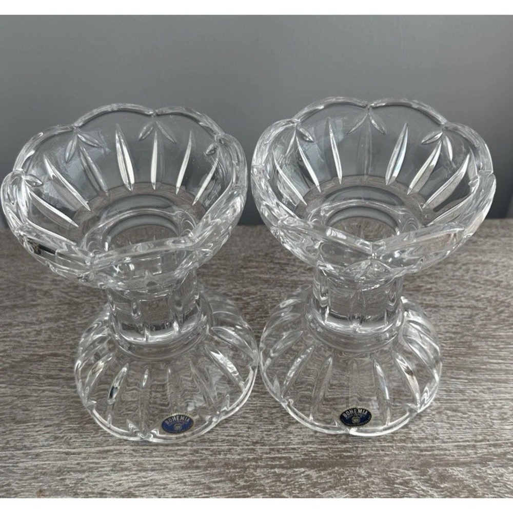 Vintage Bohemia Czech Crystal Art Deco Candle Stick Holders Set of 2 Candle Pair